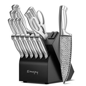 Knife Set, Emojoy 15 Pieces Kitchen Knife Block Set with Built-in Sharpener, High Carbon Stainless Steel Sharp Knife Block Set with Hollow Handle