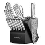 Knife Set, Emojoy 15 Pieces Kitchen Knife Block Set with Built-in Sharpener, High Carbon Stainless Steel Sharp Knife Block Set with Hollow Handle