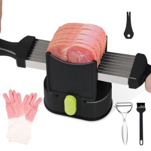 HALNKSZDDD Fresh Meat Slicer with Peeler and Rubber Gloves, Thickness Adjustable 2 or 4 mm for Chicken Breast Beef Pork, Stainless Steel Manual Meat Cutter can be Sliced, Striped, Diced