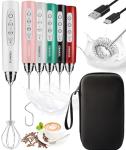 YUSWKO Rechargeable Milk Frother Handheld Frother Wand Drink Mixer for Coffee, Electric Whisk 3 Speed Adjustable, Coffee Foamer Maker with 3 Stainless Whisks Ideal Stirrers for Travel - White