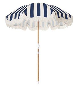 Boho Beach Umbrella with Fringe and Wood Pole