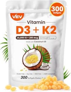 VEV Vitamin D3 + K2 Softgels for Bone Health
