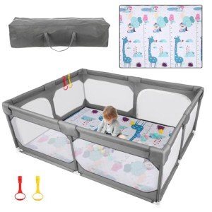 JINXIA Baby Playpen with Mat 75"*59", Large Playpen for Babies and Toddlers with Soft Breathable Mesh, Fodable Climb-Proof Anti-Fall Baby Playpen, Sturdy Safety Play Yard for Indoor Outdoor Fun, Grey