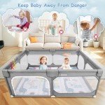 JINXIA Baby Playpen with Mat 75"*59", Large Playpen for Babies and Toddlers with Soft Breathable Mesh, Fodable Climb-Proof Anti-Fall Baby Playpen, Sturdy Safety Play Yard for Indoor Outdoor Fun, Grey