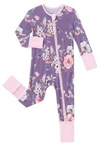 SUZEL Baby Boys Girls Footless Pajamas - Viscose from Bamboo Zippy Pjs Sleep 'N Play - Infant One Piece Romper - 0-24 Months (Flower Purple, 3-6M)