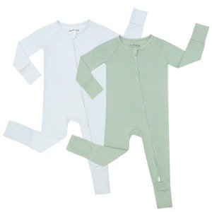JunNeng 2PCS Baby Rayon of Bamboo Romper Sleeper with Mitten Cuffs Feet,Infant Boy Soft Zippy Ruffle Pjs Sleep 'N Play Blue+Green(No Non-Slip Soles) 0-3 Months