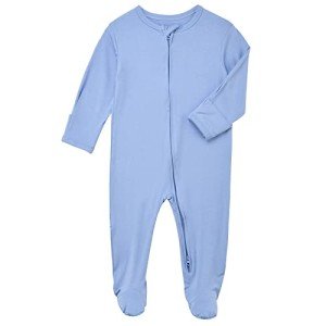 Aablexema Baby Footie Pajamas Zipper - Rayon from Bamboo Infant Footed Pjs with Mittens Sleepwear Jammies(Blue,Newborn)