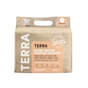 Terra Size 1 Newborn Diapers: 85% Plant-Based Diapers, Ultra-Soft & Chemical-Free for Sensitive Skin, Superior Absorbency for Day or Nighttime Diapers, Designed for Newborns up to 11 Pounds, 24 Count