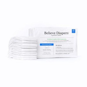 Believe Diapers Viscose Bamboo Diapers Size 1 8-14 Lbs 60 Count – Natural Baby Diapers, Chemical Free Natural Diapers for Sensitive Skin, Super Absorbent Clean Diapers, Unscented Plain White Diapers