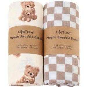 LifeTree Muslin Swaddle Blankets Neutral, Baby Swaddling Wrap Nursery Blanket for Boys & Girls Unisex, Soft 70% Viscose from Bamboo and 30% Cotton, Large 47 x 47 inches, Bear & Checkered Coffee