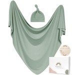 Baby Swaddle Receiving Blankets with Matching Beanie Set Newborn Nursery Swaddle Wrap for Baby Girls and Boys (Green)