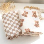 LifeTree Muslin Swaddle Blankets Neutral, Baby Swaddling Wrap Nursery Blanket for Boys & Girls Unisex, Soft 70% Viscose from Bamboo and 30% Cotton, Large 47 x 47 inches, Bear & Checkered Coffee