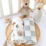LifeTree Muslin Swaddle Blankets, Baby Neutral Swaddling Blanket for Boys Girls, Super Soft 70% Viscose from Bamboo and 30% Cotton, Large 47" x 47", Checkered & Mushroom, Newborn Baby Registry