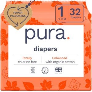 Pura Hypoallergenic Diapers, Size 1 (4-11 lbs), Newborn, Totally Chlorine Free, Wetness Indicator, Suitable for Sensitive Skin, Soft Organic Cotton Comfort, Overnight, 1 Pack of 32 Baby Diapers