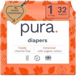 Pura Hypoallergenic Diapers, Size 1 (4-11 lbs), Newborn, Totally Chlorine Free, Wetness Indicator, Suitable for Sensitive Skin, Soft Organic Cotton Comfort, Overnight, 1 Pack of 32 Baby Diapers