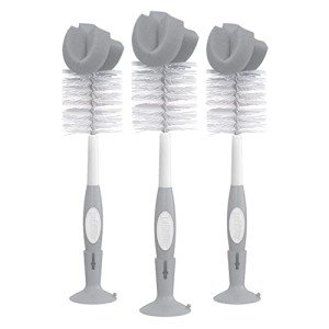Dr. Brown's Reusable Sponge Baby Bottle Cleaning Brush Set with Suction Cup Stand, Scrubber and Nipple Cleaner, Gray, 3 Pack