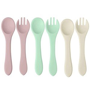 PandaEar Silicone Baby Spoon and Fork Set| 6 Pack First Stage Baby Self Feeding Spoons 6+ Months| Toddler Baby Utensils 6-12 Months| Infant Baby LED Weaning Spoons Feeding Supplies