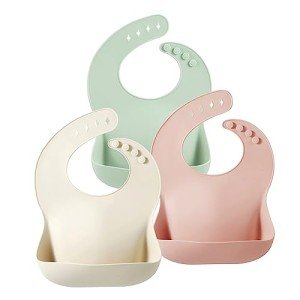 PandaEar Silicone Baby Bibs Set of 3 for Toddlers, BPA Free Waterproof Adjustable Feeding Bib with Large Pocket Food Catcher (Pink)