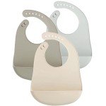 PandaEar 3 Pack Waterproof Silicone Baby Bibs| Super Thin Light Weight for Babies & Toddlers| Adjustable Soft Silicone Feeding Bibs with Food Catcher Pocket, Unisex, Non Messy