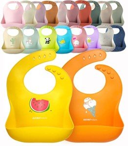 YMCF Products 2-Pack Waterproof Silicone Baby Bib Lightweight Comfortable Easy-Wipe Clean (Orange/Yellow, Large)