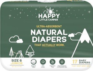 Happy Little Camper Ultra-Absorbent Natural Baby Diapers Size 6 - Hypoallergenic & Chlorine-Free Disposable Diapers Safe for Sensitive Skin - Unscented Junior Diapers - 17 Count