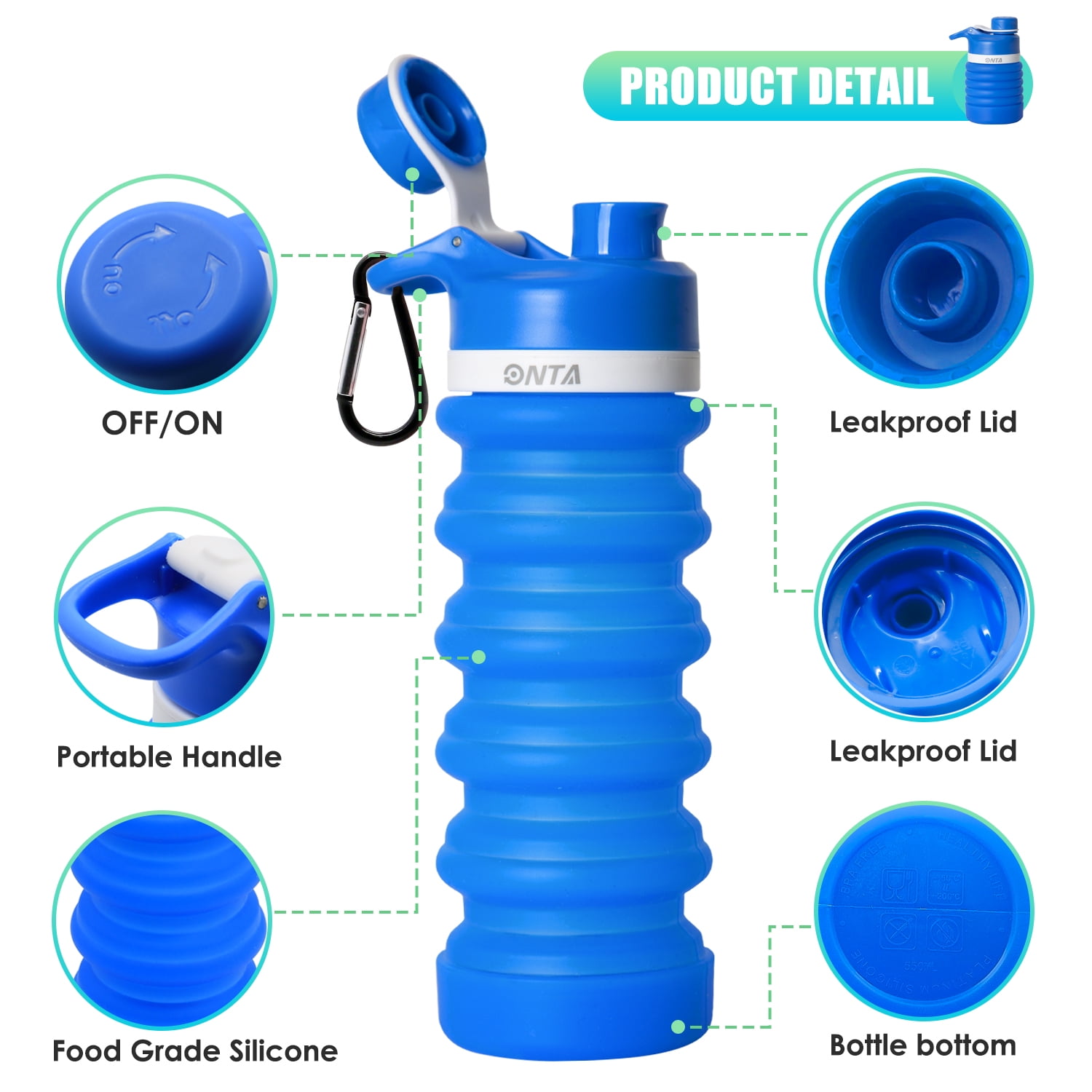 Collapsible BPA-Free Silicone Water Bottle - Blue