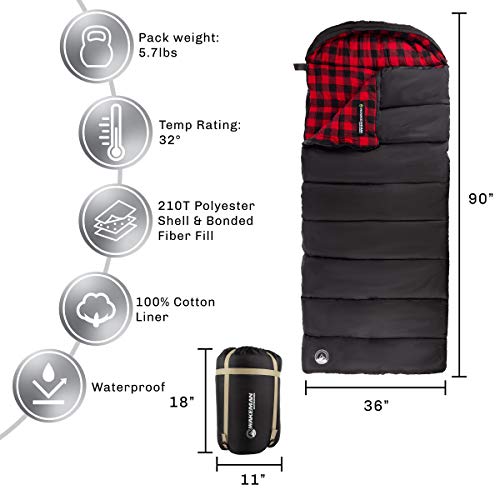 XL 3-Season Sleeping Bag for Hiking - Black/Red