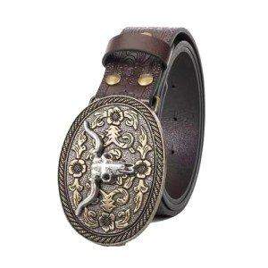 Vintage Western Leather Longhorn Cowboy Belt Buckle