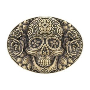 Vintage Western Cowboy Skull and Flower Belt Buckle