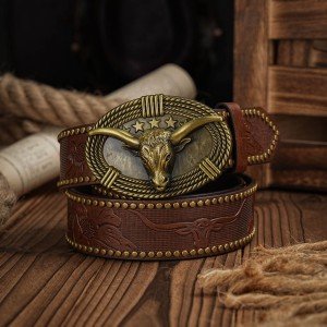 Vintage Western Cowboy Longhorn Leather Buckle Belt