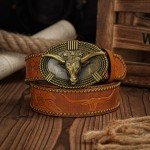Vintage Western Cowboy Longhorn Leather Buckle Belt