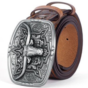 Vintage Bison Denim Cowboy Belt with Longhorn Buckle