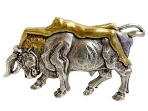 Antique Gold Engraved Lady Bull Western Belt Buckle