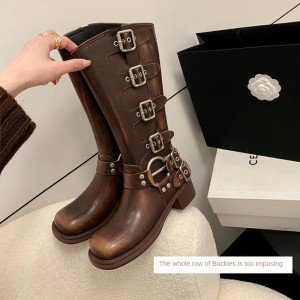 Vintage Western Mid Calf Buckles Combat Boots
