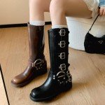 Vintage Western Mid Calf Buckles Combat Boots