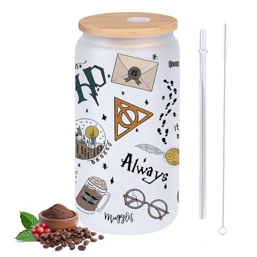 Harry Potter Glass Cups with Bamboo Lids and Straws