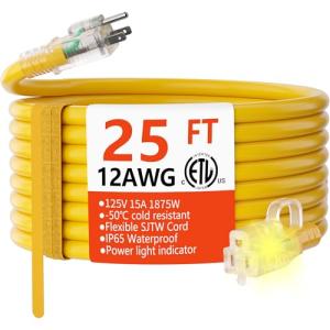 Heavy Duty 25ft Waterproof Outdoor Extension Cord