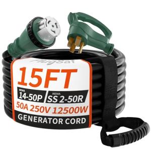 PlugSaf 50 Amp Generator Cord, 15FT 50 Amp RV Extension Cord with Twist Lock, Generator Cable 50A 4 Prong Green, NEMA 14-50P/SS2-50R Heavy Duty STW Wire for RV Camper & House