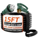 PlugSaf 50 Amp Generator Cord, 15FT 50 Amp RV Extension Cord with Twist Lock, Generator Cable 50A 4 Prong Green, NEMA 14-50P/SS2-50R Heavy Duty STW Wire for RV Camper & House