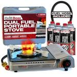 Dual Fuel Portable Stove Combo, Dual Fuel Butane & Propane Stove, 12K BTU Portable Camping Stoves w/ 4 x 8 oz. Butane Tin Canister for Camping, Emergencies & Outdoor Cooking, Grill by Grill Boss 90057