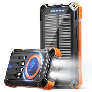 Solar Power Bank 49800mAh Wireless Portable Charger with USB-C 15W Fast Charging with 4 Built-in Cables LED Flashlight Battery Pack Compatible with iPhone, iPad, Galaxy, Perfect for Camping, Hiking