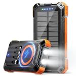 Solar Power Bank 49800mAh Wireless Portable Charger with USB-C 15W Fast Charging with 4 Built-in Cables LED Flashlight Battery Pack Compatible with iPhone, iPad, Galaxy, Perfect for Camping, Hiking