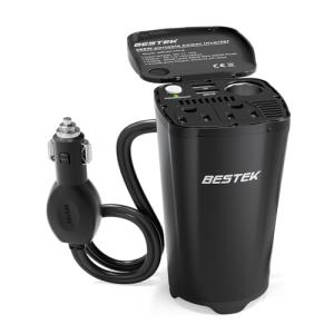 BESTEK 200W Car Power Inverter, Car Plug Adapter Outlet Converter with 2 AC Outlets, Dual 4.5A USB Charging Ports, Cup Holder Car Inverter with Cigarette Lighter Socket for Laptop, Computer