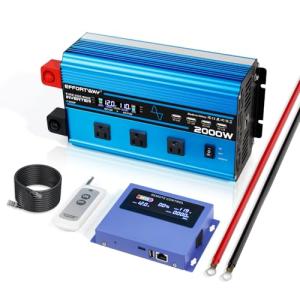 EFFORTWAY 2000W Pure sine Wave Inverter 4000W (Peak) DC 12V to AC 110V/120V Converter with LCD Display Wireless/Wired Remote Control 3AC Outlets and 4USB for Camping RV Travel Off-Grid Solar Systems