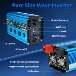 EFFORTWAY 2000W Pure sine Wave Inverter 4000W (Peak) DC 12V to AC 110V/120V Converter with LCD Display Wireless/Wired Remote Control 3AC Outlets and 4USB for Camping RV Travel Off-Grid Solar Systems