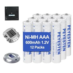PEYESTEN 600mAh Rechargeable AAA Solar Batteries 12-Pack