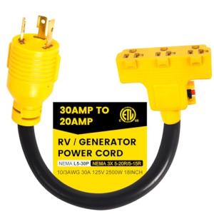 CORDMITPRO Overload Protector 30 Amp to 110 Adapter Generator Power Cord, Shore Power 30 Amp to 15 Amp/20 Amp Adapter, Marine NEMA L5-30P to 3X 5-15R/5-20R RV Generator Adapter, 1.5FT