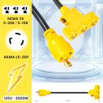 CORDMITPRO Overload Protector 30 Amp to 110 Adapter Generator Power Cord, Shore Power 30 Amp to 15 Amp/20 Amp Adapter, Marine NEMA L5-30P to 3X 5-15R/5-20R RV Generator Adapter, 1.5FT