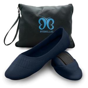 ByeBellas Foldable Stretch Knit Travel Slip-On Round Toe Ballet Flats with Packable Zipper Pouch and Expandable Tote Bag Carrying Case Split Sole Shoes (Navy Blue, US Footwear Size System, Adult, Women, Numeric, Medium, 6)