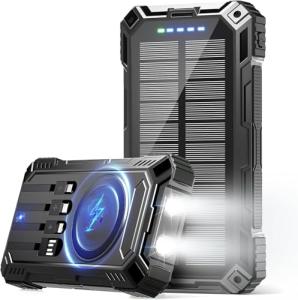 jskei Power Bank 49800mAh Solar Portable Charger Wireless Charging USB-C 15W Fast Charging with 4 Built-in Cables LED Flashlight Battery Pack Compatible with iPhone, iPad, Galaxy, Perfect for Camping